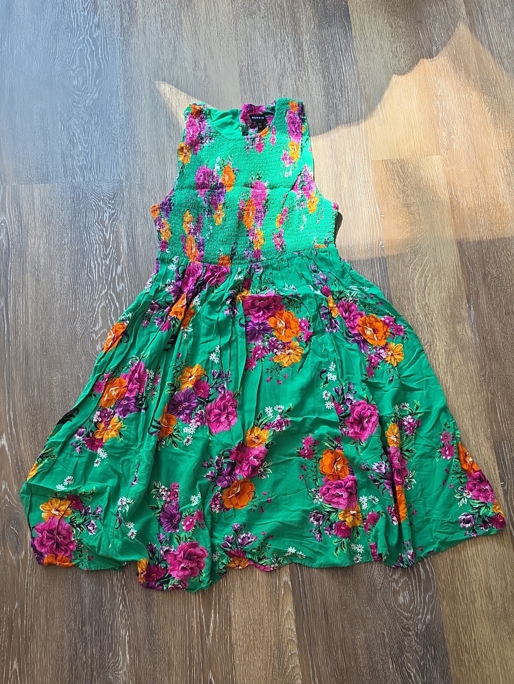 Torrid Green Floral Sleeveless Smocked Dress with Pink and Orange Blossoms